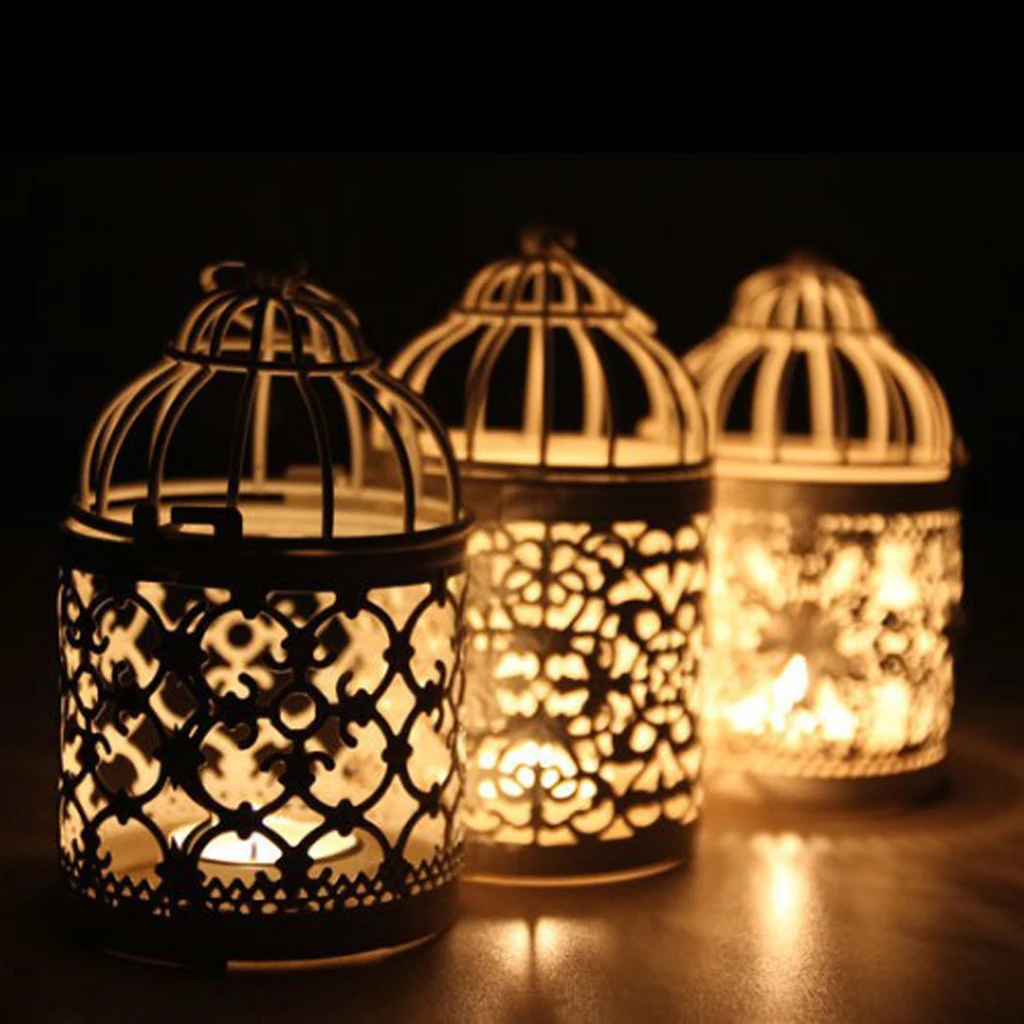 Electroplated Metal Birdcage Shape Tea Light Candle Holder Hollowed Flower Pattern Candlestick, 3.15 x 5.51inch