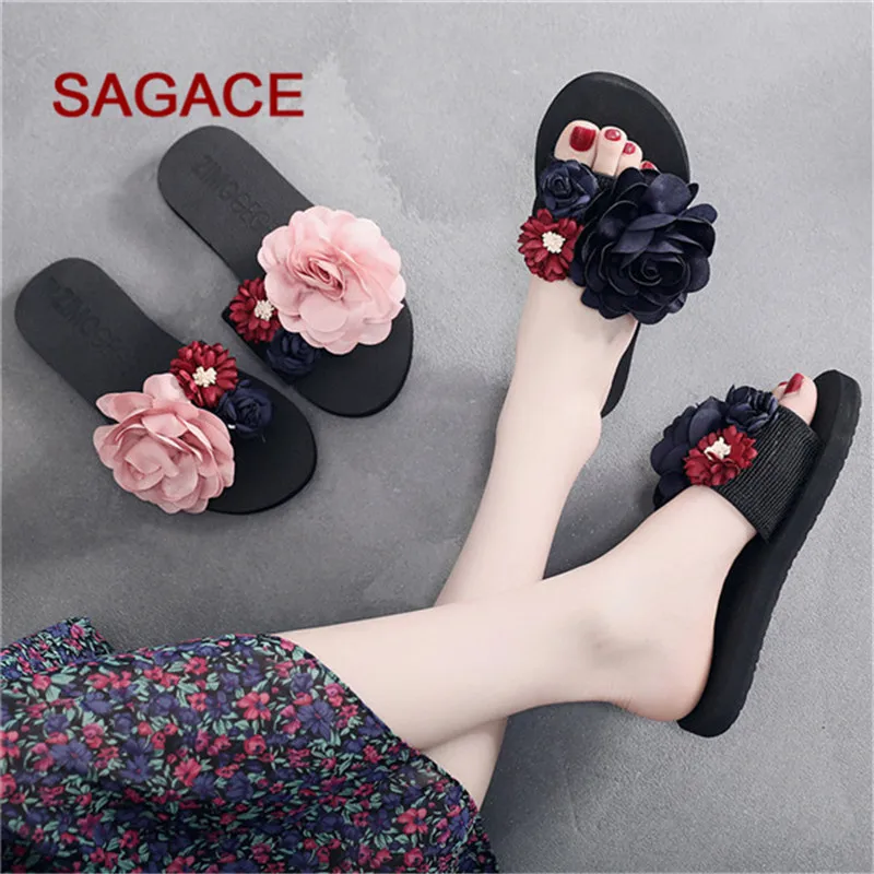 

Womens Summer Slippers Non-Slip Flat-Bottom Beach Sandals Seaside Vacation Shoes Flower Slippers Flat With Mujer 2019
