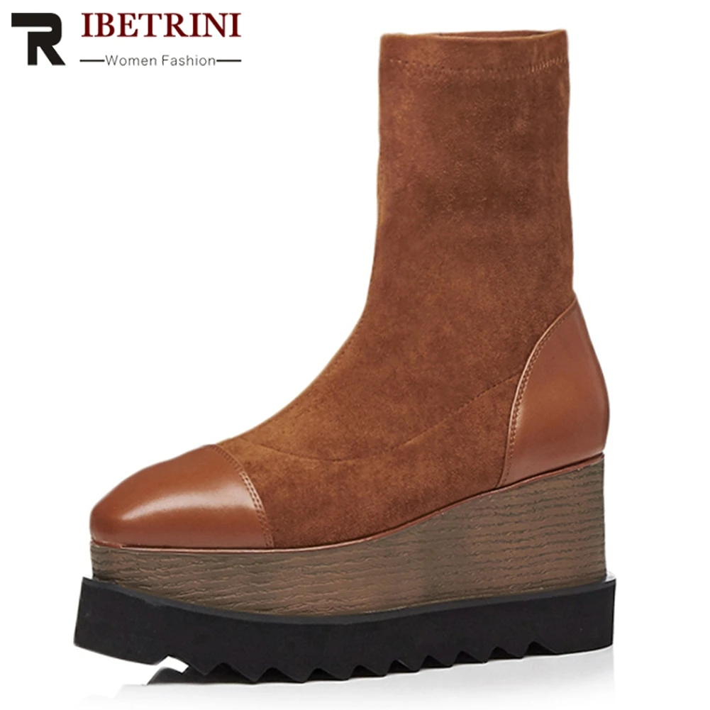 

RIBETRINI Stretch Genuine Leatehr Flock INS Hot Wedges Heels Ankle Boots Woman Flatform Boots Women Shoes Woman Size 32-42