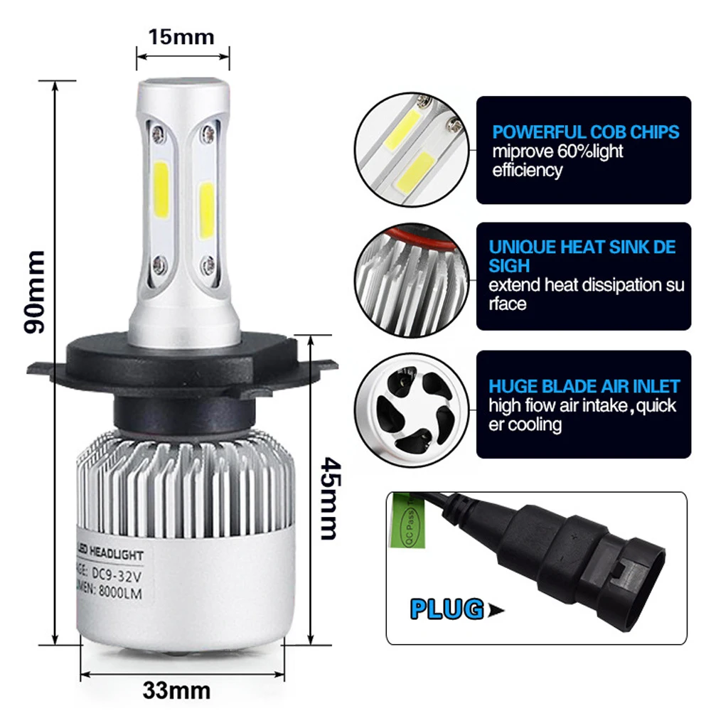 Castaleca супер яркий 1 пара S2 фар супер яркий светодиодный COB H1 H4 H7 H11 H13 H3 9004 9005 9007 авто фары