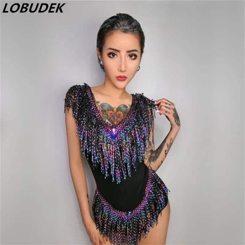 

Flash rhinestones jumpsuit Bright Crystals tassels bodysuit women nightclub stage costumes singer sexy slim performance catsuit
