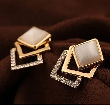 

18KG Plated 2014 New Style Korean Temperament OL Fashion Sparking Rhinestone 18KGP Geometry Square Opal Stud Earrings E122