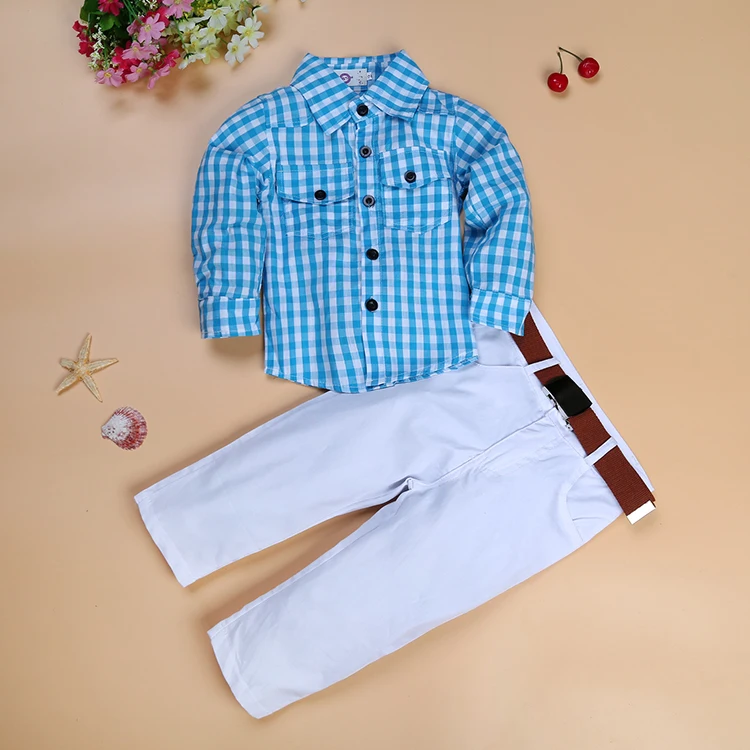 Красивый комплект одежды для мальчиков, синяя клетчатая рубашка с длинными рукавами, костюм из 3 предметов для мальчиков: рубашка в клетку с длинными рукавами+ белые штаны+ ремень, TZ347