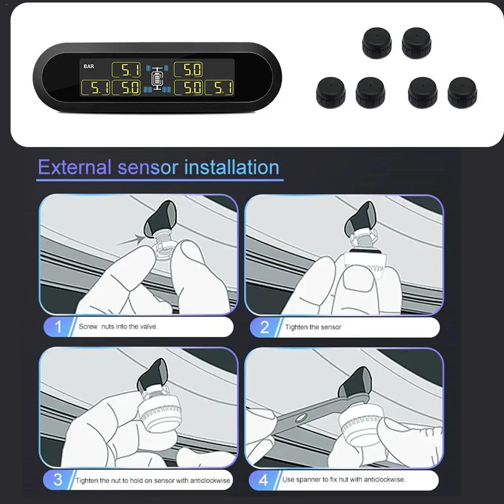 Умный автомобиль TPMS система контроля давления в шинах ЖК-дисплей Автоматическая охранная сигнализация с 6 колесами и 6 внешними датчиками