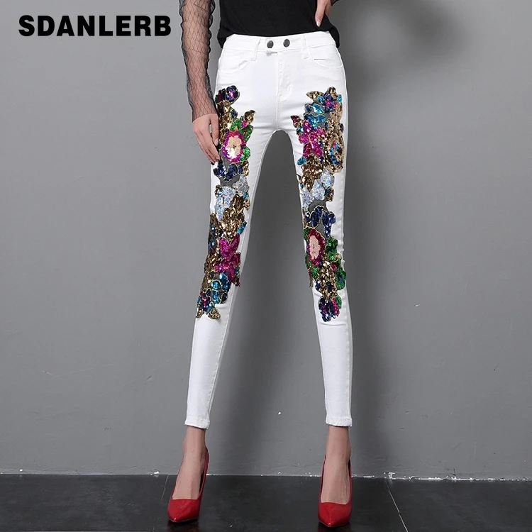

2018 Spring and Summer Women's Sequins White Denim Pants Slim All-match Basic Pencil Pants Student Stretch Jeans Trousers