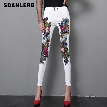 

2018 Spring and Summer Women's Sequins White Denim Pants Slim All-match Basic Pencil Pants Student Stretch Jeans Trousers