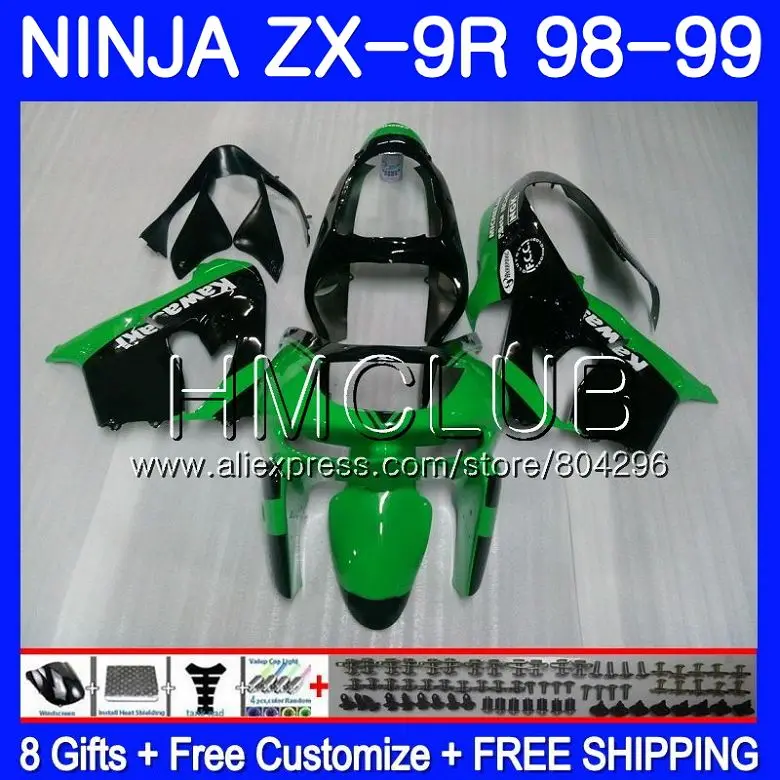 

Body For KAWASAKI NINJA ZX900 ZX9 R ZX 900 ZX-9R 98 99 43HM.6 900CC ZX 9 R ZX9R 98 99 ZX 9R 1998 1999 Fairing kit green black