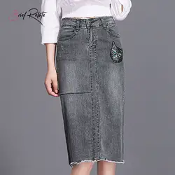 Короткая женская модная повседневная джинсовая юбка до колена с рисунком котенка