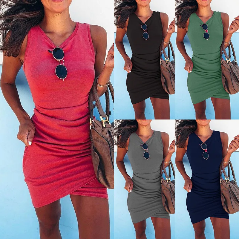 

Women Sexy Deep Sleeveless Slim Fit Package-hip Above-knee Dress