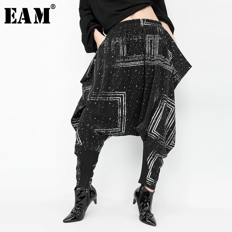 

[EAM] 2019 New Autumn Summer High Elastic Waist Black Pattern Printed Loose Harem Pants Women Trousers Fashion Tide JH84