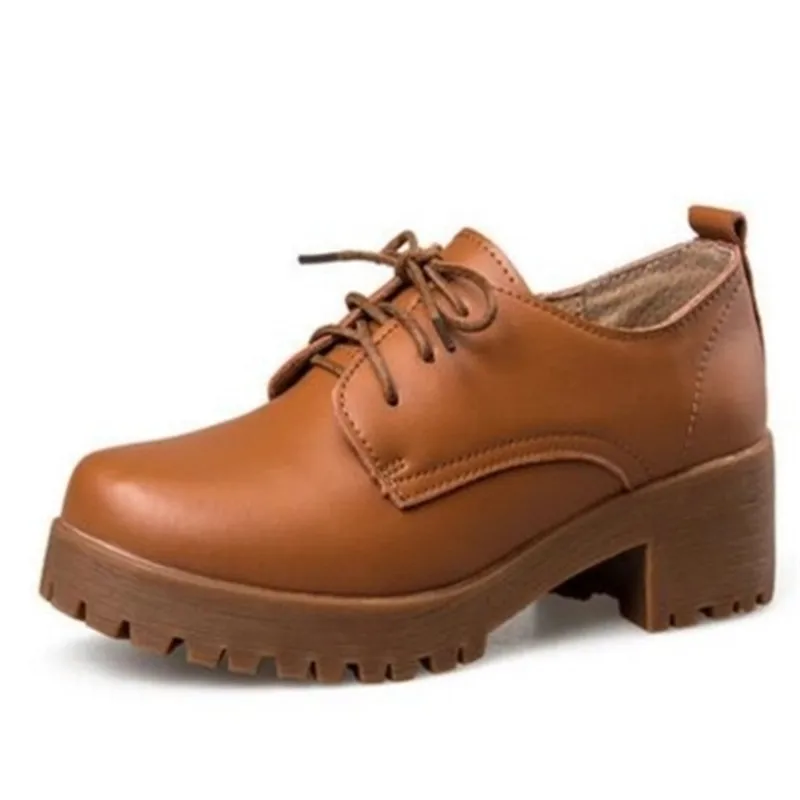 

2018 New British style split cow leather women square heel Platform shoes woman rounded lace-up oxfords women