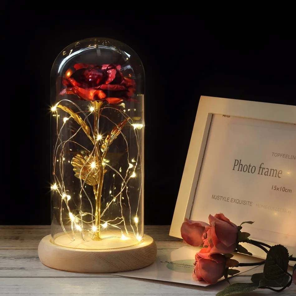 Горячая Красота и чудовище позолоченный красная роза светодиодный светильник в стеклянном куполе для свадебной вечеринки подарок на день матери - Color: Red