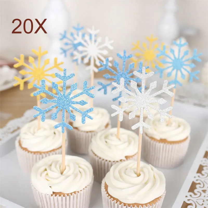 

20Pcs/Set Christmas Cake Topper Paper Wood Handmade Wedding Snowflake DIY Cupcake Toppers Birthday Party Decoration 2017