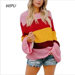 Радуга свитеры с высоким воротом для женщин зима 2019 Джемперы вязаная одежда мода полосатый негабаритных пуловер женский