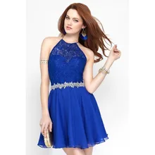 Sexy Backless Short Royal Blue Cocktailkleider 2017 Halter Weg Von Der schulter a line perlen schärpe günstige spitze short prom dress club
