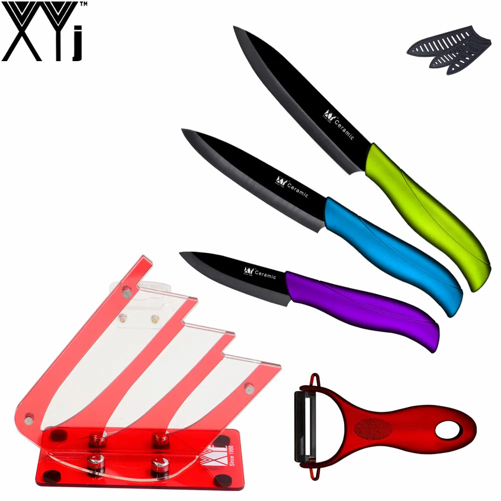 XYJ Brand Handmade Ceramic Knife 3 4 5 Inch Peeler Acrylic Kitchen Knife Stand Fashion Tools