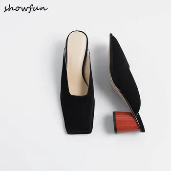 

Women's genuine suede leather slip-on high heel sandals brand designer square toe elegant ladies summer slides outdoor shoes hot