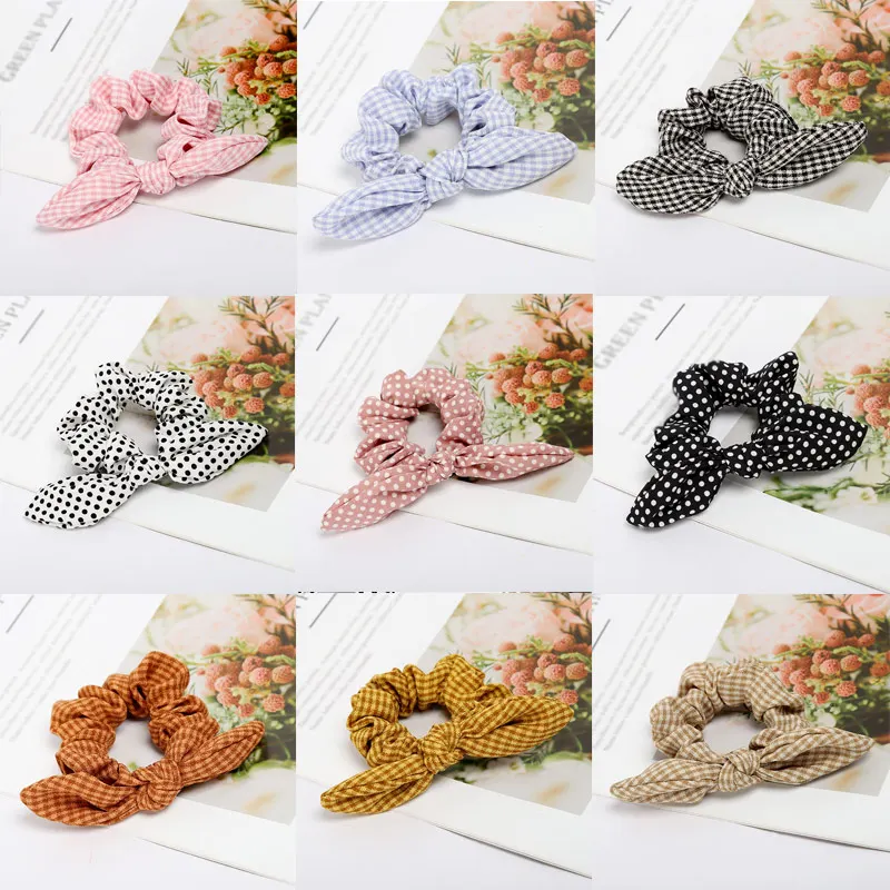 cheap Hot Sale 1PC Girls Dots Hair Tie Ponytail Holder Hair Bands Elastic Grid Bunny Ears Women Hair Rope Scrunchie Hair Accessories
