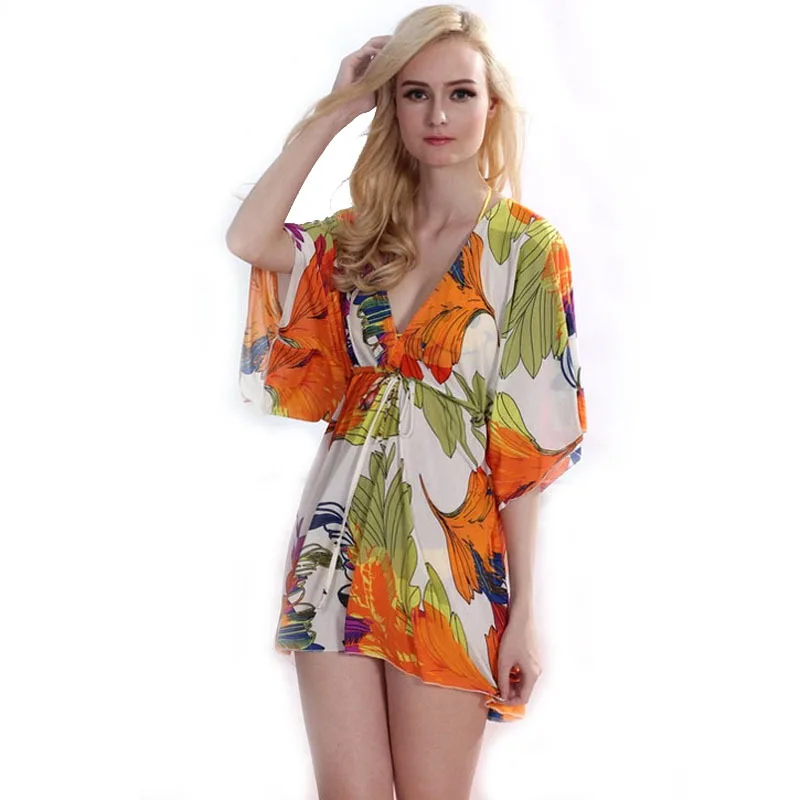 2017 Fashion Sexy V neck Flower Printed Loose Bikini Cover Ups Summer