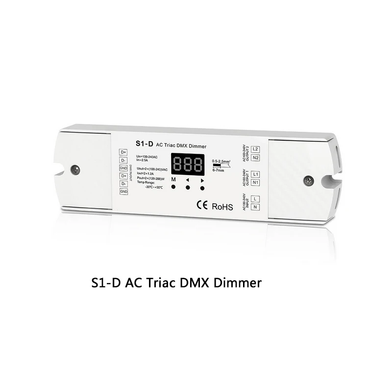 S1-D AC100V-240V 288 Вт 2 канала 2CH Triac DMX светодиодный диммер, двухканальный выход кремния DMX512 светодиодный контроллер цифровой дисплей