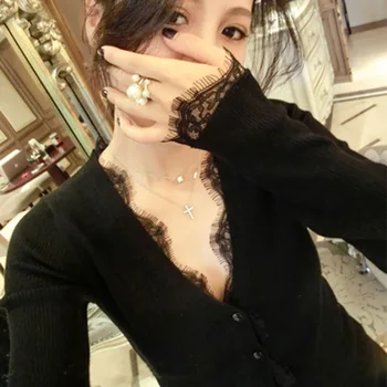 

Plus Size L-3XL Lace Womens Sweaters Autumn Winter Tops V-neck Sweater Women Thin Cardigan Jumper Knitted Sweater Femme A284