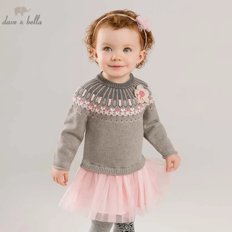 DB8206 нижнее белье в стиле бренда dave bella ОСЕНЬ детское вязаное платье для детей, платья с длинным рукавом Детское праздничное платье высокого качества трикотажное платье