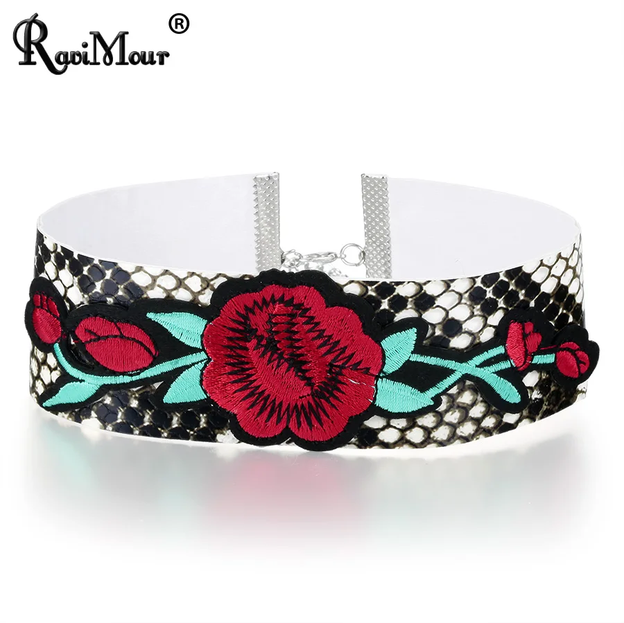 

RAVIMOUR PU Leather Collares Maxi Embroidery Flower Choker Women Necklace Tattoo Jewelry Women's Clothing & Accessories Party
