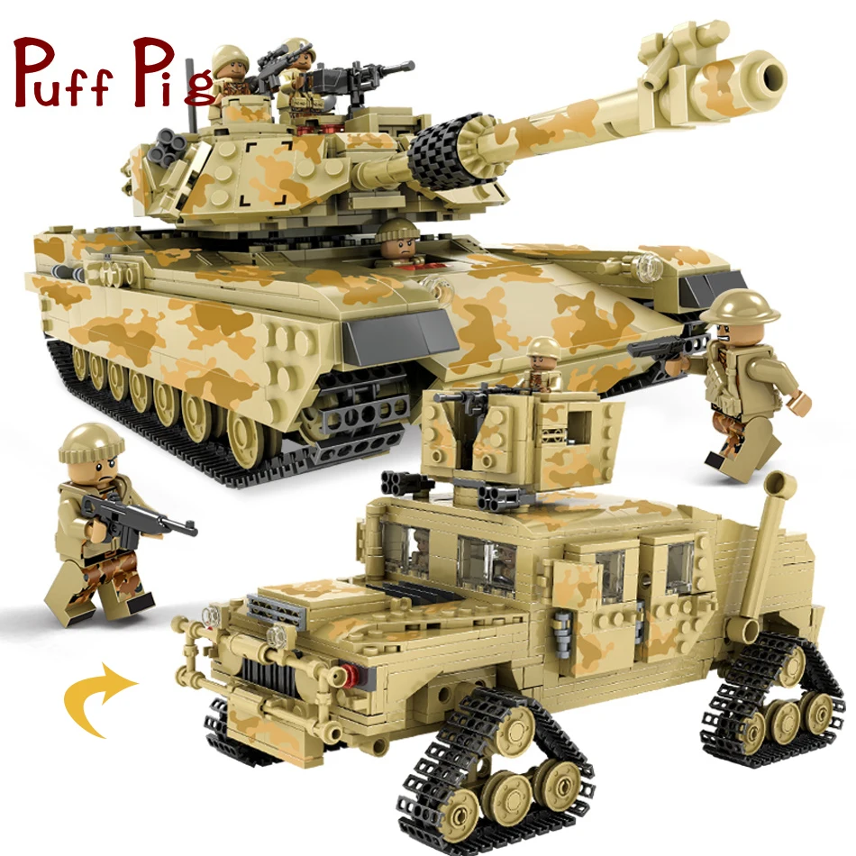 

1205PCS 2in1 Miliatry M1A1 Abrams Tiger Tank Model US Soldiers Guns Building Blocks Compatible Legoed Army ww2 Toys For Children