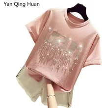 Ян Цин Huan, летняя Новинка, свободная футболка с принтом в виде животных, кролика, женская футболка с коротким рукавом, с бантом, расшитая бисером, женские футболки в стиле Харадзюку