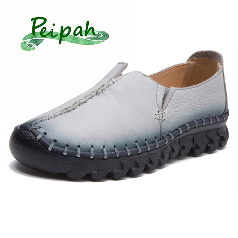 

PEIPAH Casual Shoes Genuine Leather Women Flats Shoes Handmade Sewing Round Toe Slip On Flat Shoes Spring Summer Female Loafers