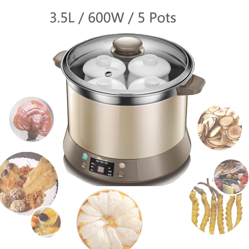 

22%,Stainless Steel Electric Stew Pot 3.5L 600W Microcomputer Control Electric Slow Cooker with 5 Pots Reservation Timing