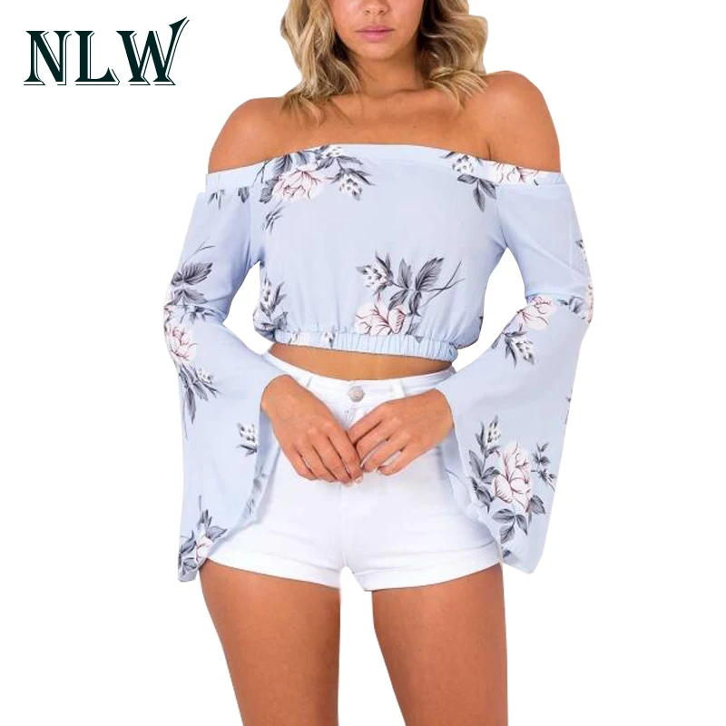 NLW Floral Chiffon Blouses Shirts Off Shoulder Flare Sleeve 2018 Women Summer Backless Short Crop Top Boho Beach Casual Wear |