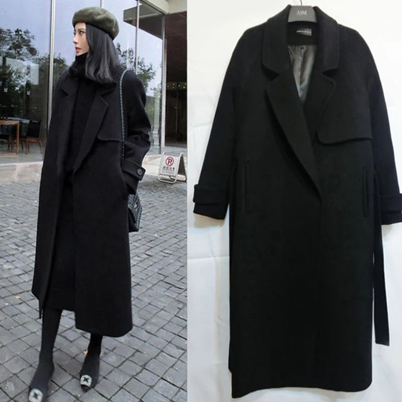 2018 winter woolen coat woman winter double-sided cashmere long section belt over the knees slim woolen coat owterwear jacket