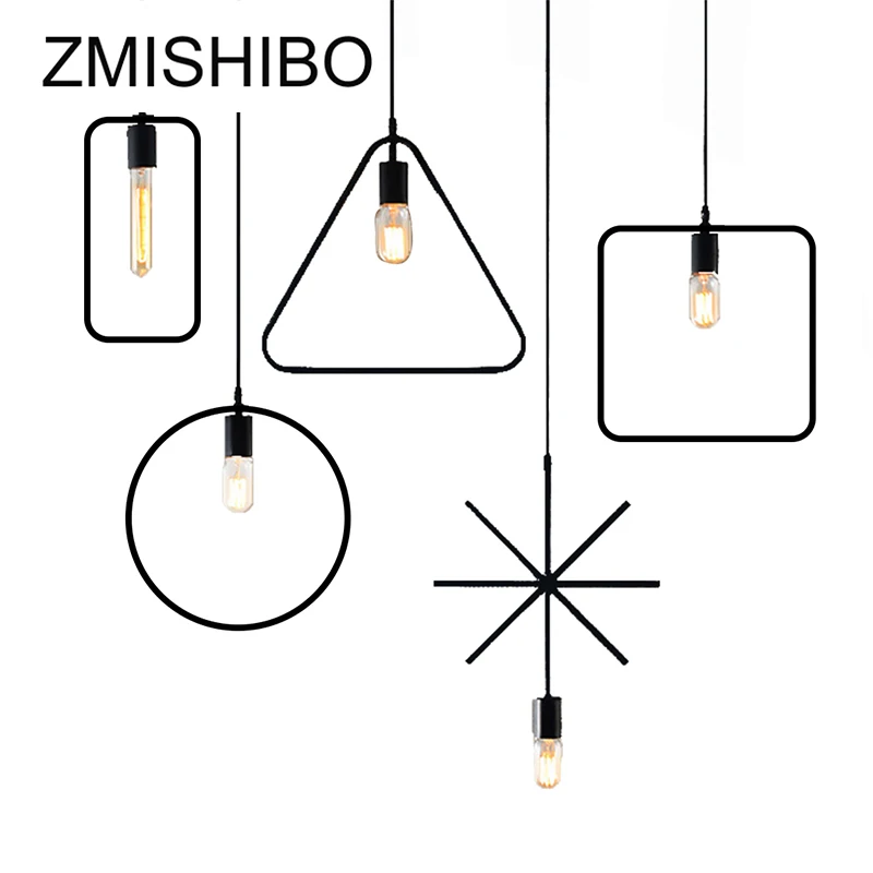 

ZMISHIBO Simple Iron Pendant Lamp E27 110V 220V Black Round Triangle Cross Square Droplight For Foyer Study Room Ceiling Mounted