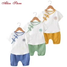 Комплекты одежды в китайском стиле для маленьких девочек и мальчиков, Детская льняная однобортная футболка+ однотонные шорты, 2 предмета в комплекте, удобный костюм