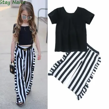 

New Children's Sets T-shirt Tops+ Long Striped Pants Summer Outfits Clothes 2PCS Cotton Baby Clothing Sets For Girls
