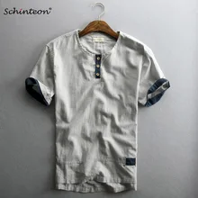 Schinteon мужская повседневная хлопковая льняная рубашка пуловер летняя тонкая, с коротким рукавом o-образным вырезом воротник удобный китайский стиль