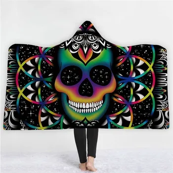 

Sugar Skull Flower Winter Wearable Hoodie Blanket Soft Warm Fleece Fabric Bedding Sofa Throw Hooded Blanket 130*150/150*200cm