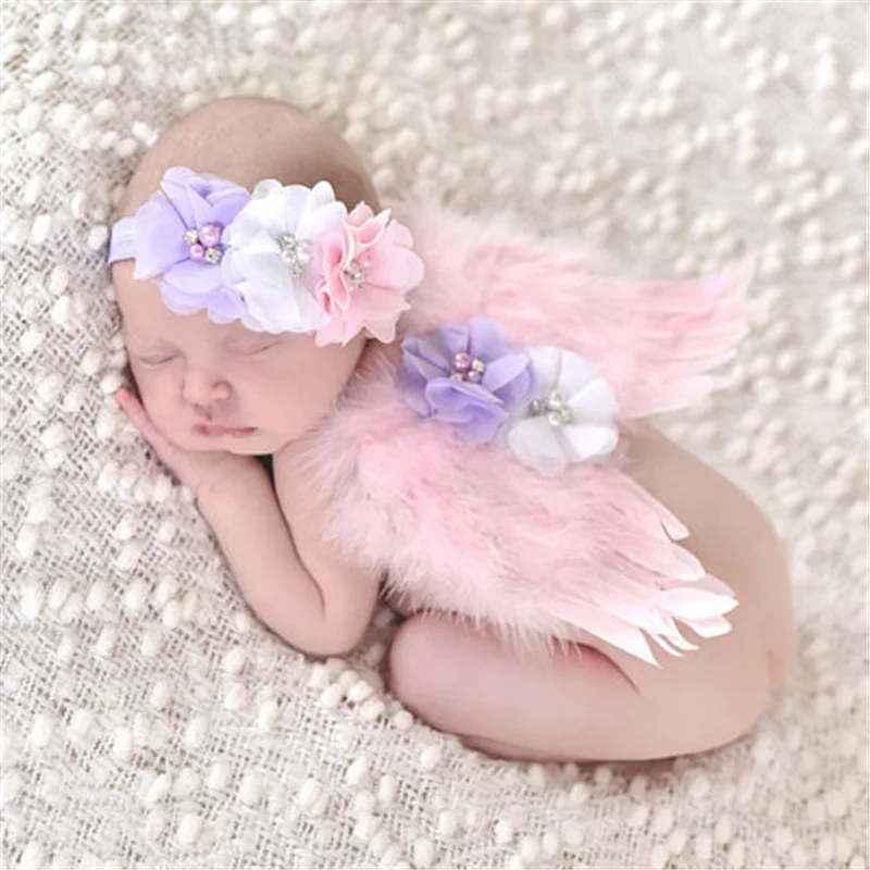 

Newborn Pink Angel Feather Wings and pearl flower kids Hairband Hair Band Girl Headband Cute tiara Photography fascinators