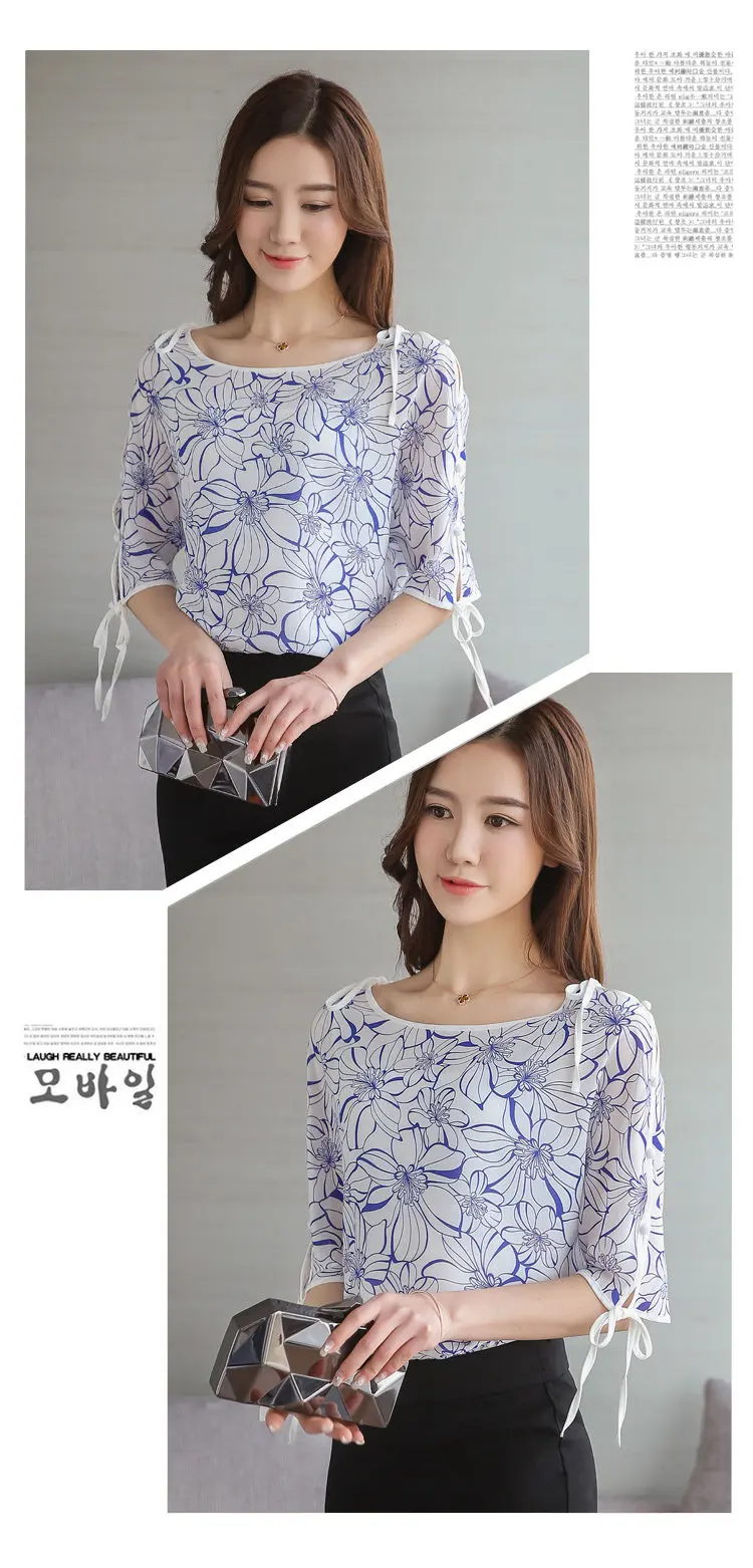 2018 Summer Women Blusas Bow Half Sleeve Tops Female Floral Chiffon Blouse Mujer Casual O-neck Print Shirt Women Blouses (3)