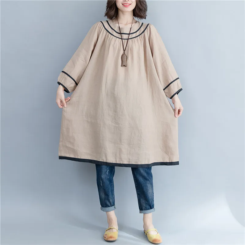 

Johnature 2019 New Women Cloth Plus Size Khaki Cotton Linen Dresses Spring Summer O-Neck Long Sleeve Patchwork Casual Dresses