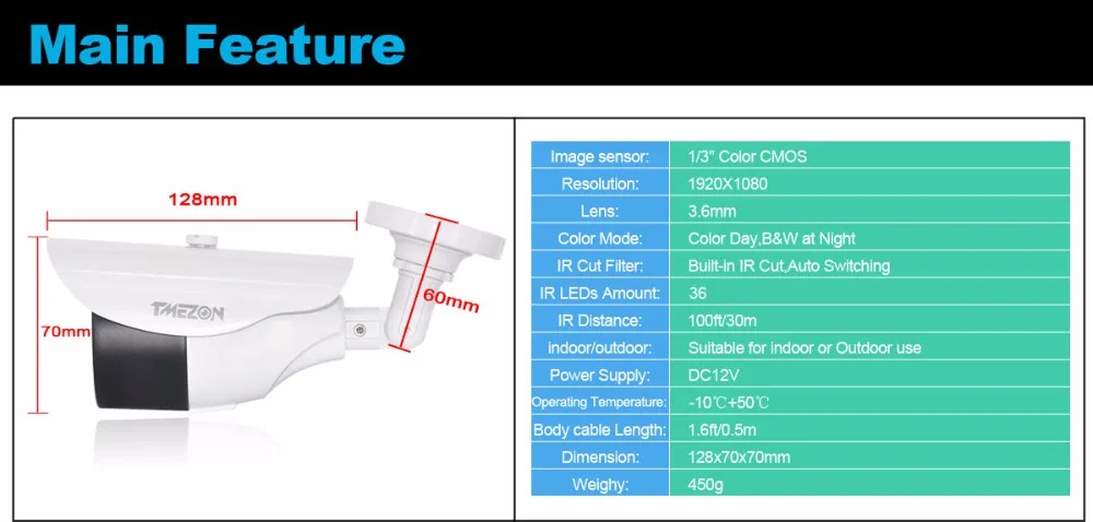 Tmezon 4 упаковки/комплект HD 1080P камера домашняя система видеонаблюдения наружная Водонепроницаемая камера с адаптером питания расширенный кабель 60 футов