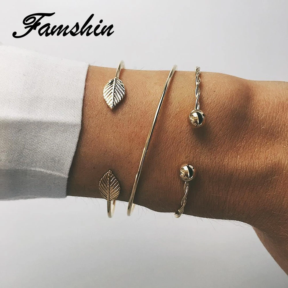 

FAMSHIN 3 Pcs/set Fashion Round Leaves Spiral Bangles Women Pretty Girl Punk Style Women Charm Bracelet Set Jewelry Gift NEW