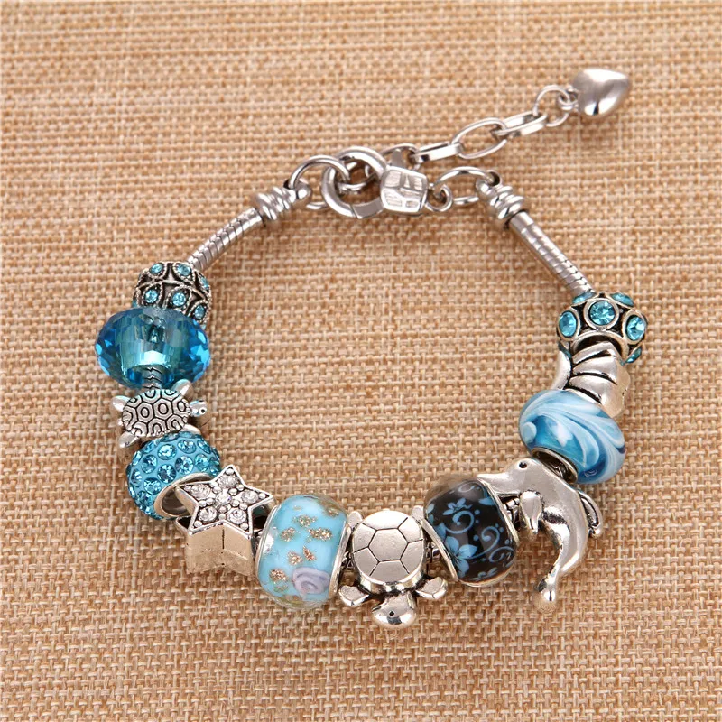 

2019 new Blue Crystal/Glaze Dolphin Tortoise Shell Ocean Series Charms Fashion Pandora Bracelets & Bangles For Women/Girl Gift