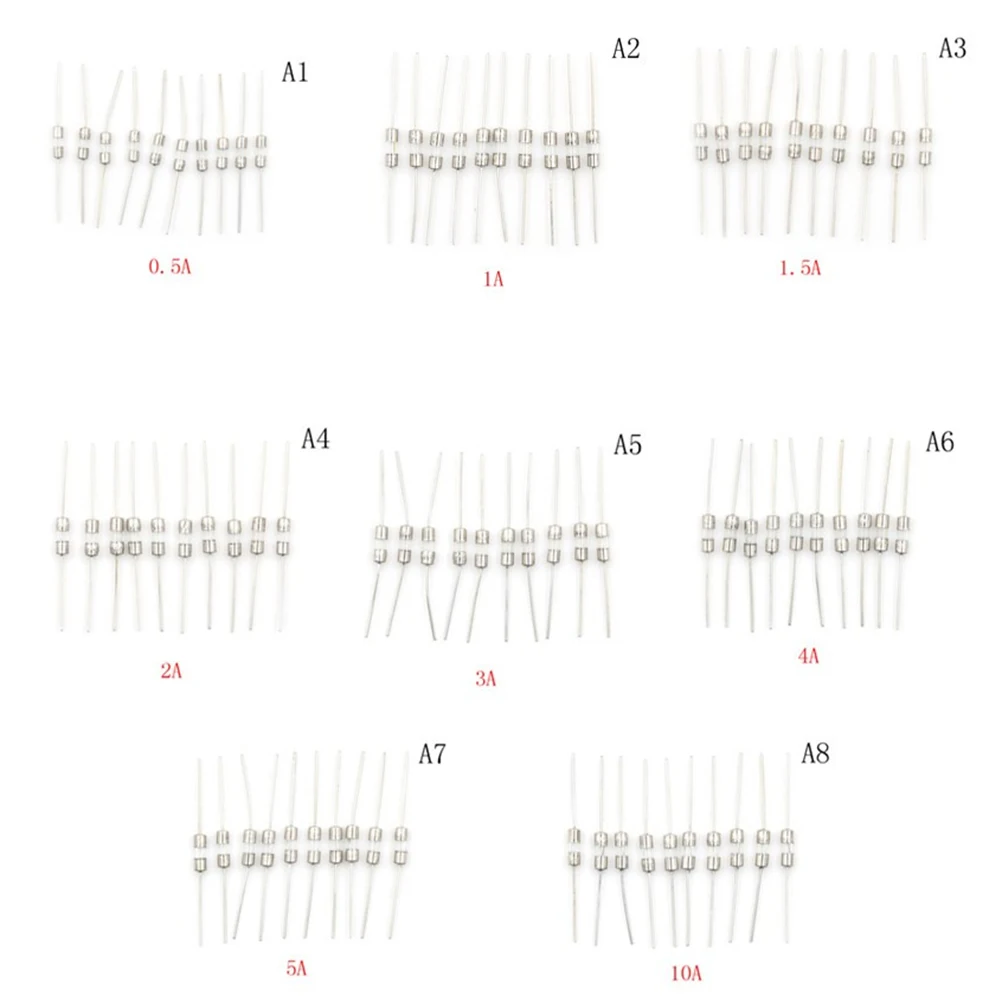 

10Pcs/lot 0.5A,1A,1.5A,2A,3A,4A,5A,10A 3.0 x 10mm 250V Double iron cap Axial Fast Blow Glass fuse with lead wire Mix Set