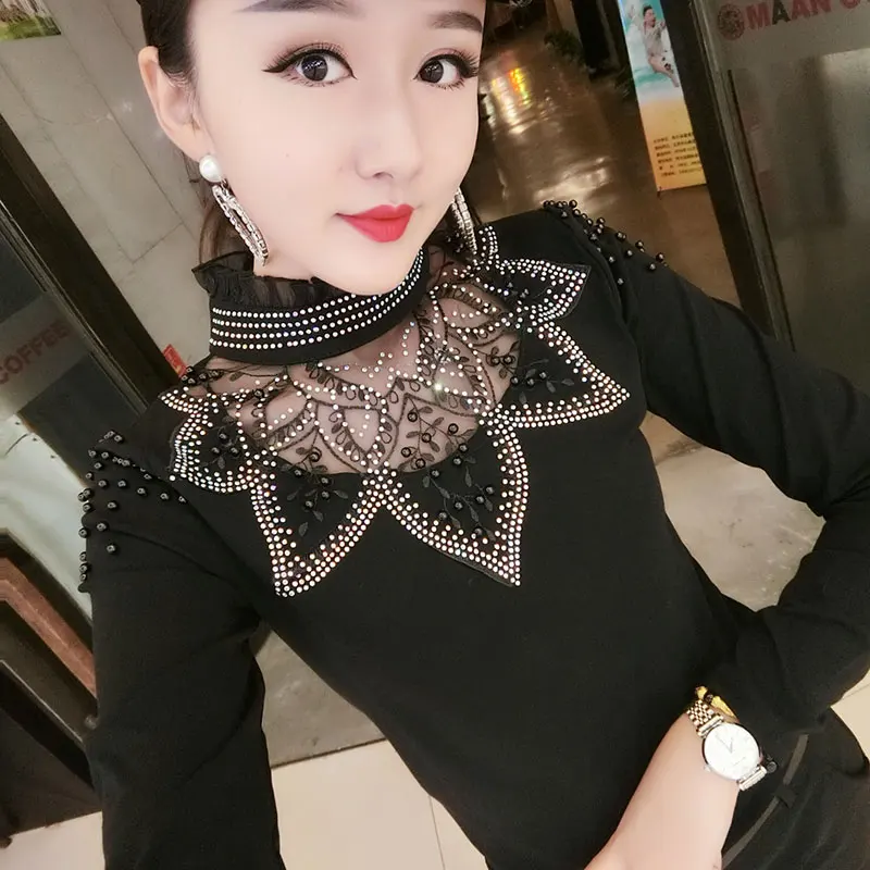 

plus size 3XL autumn new fashion stand collar bottoming t-shirt Slim hollow out beading diamond tops