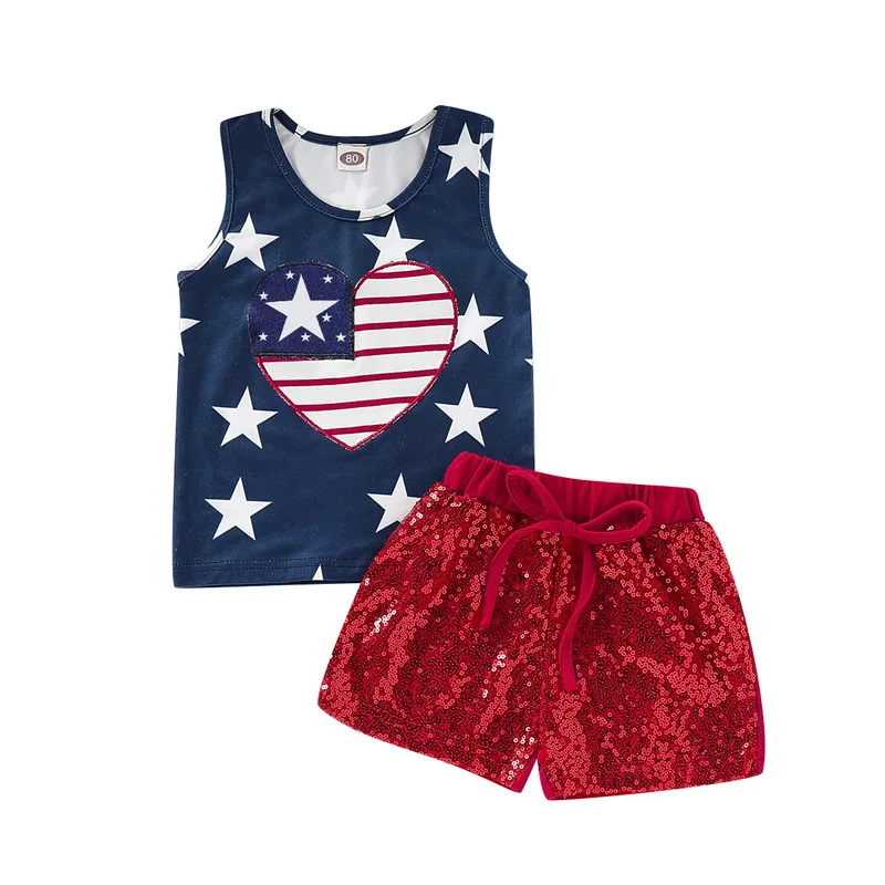 Baby Clothing Set Fourth Of July 2 Piece Outfit Stars Print Vest And Red Sequin Pant | Детская одежда и обувь