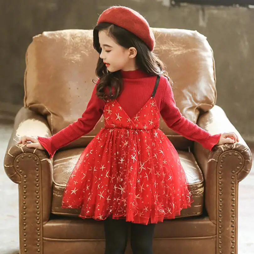 Warm Winter Spring Fall Girls Princess Dress Long Sleeve Star Print