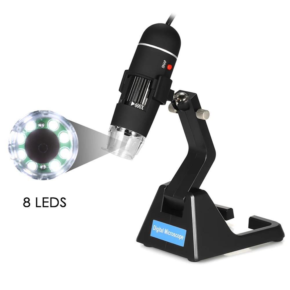 

25X-600X USB Digital Microscope Zoom Endoscope Magnifier with 8-LED Light Universal Stand True 2.0MP Video Camera Microscopio