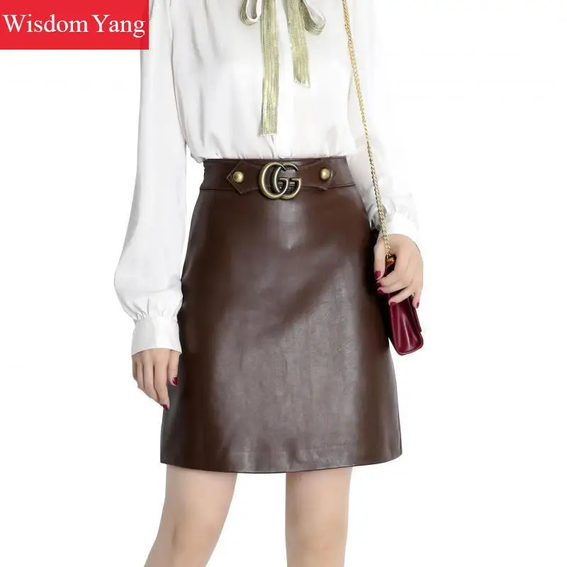 

Autumn Coffee Real Sheep Skin Genuine Leather Wrap Skirt High Waisted Midi Skirts Womens Party Sexy Long Office Ladies Skirts